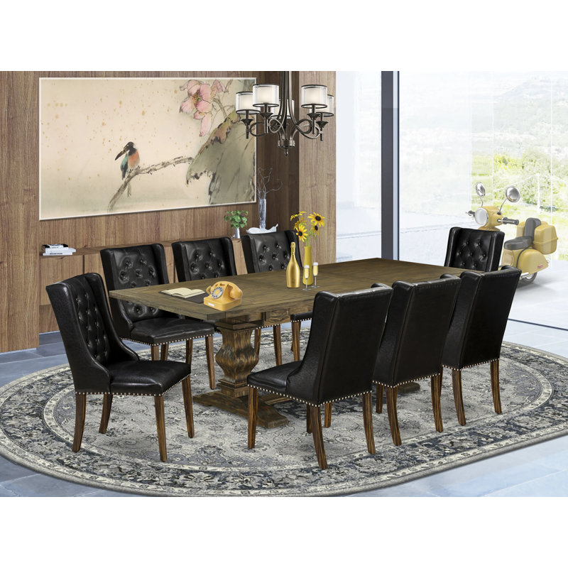 9 Piece Dining Room Table Set Includes a Rectangle Wooden Table with Removable Leaf and 8 Black Faux Leather Upholstered Chairs, Distressed Jacobean