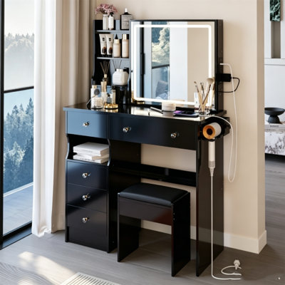  Meuble-lavabo avec miroir coulissant à DEL à commande tactile, coiffeuse avec douille 2AC et 2USB et support pour sèche-cheveux, tabouret de maquillage pour la chambre à coucher, noir