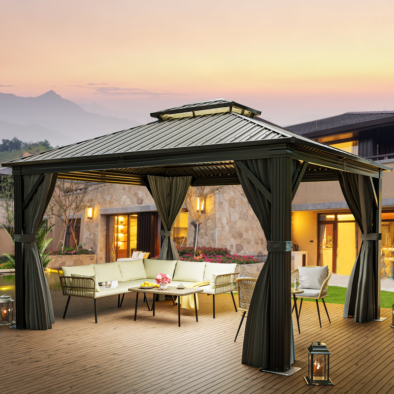 Outdoor Metal Hardtop Patio Gazebo with Privacy Curtain and Mosquito Netting, 14 ft x 12 ft