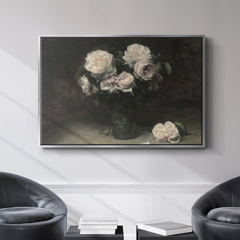 Botanique rétro-CVII, Toile argentée avec cadre flottant, H 27 po x l 41 po x P 2 po