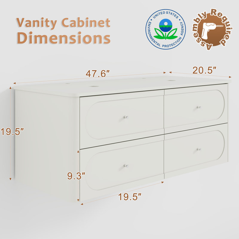 Base de meuble-lavabo mural double 48 po seulement, conception épurée et bords arrondis, Beige