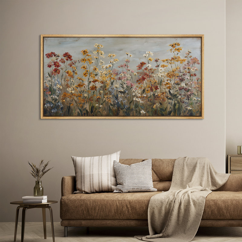 «Autumn Wildflowers and Meadow Landscape in Warm Earthy Palette», reproduction d'art sur toile encadrée, Naturel