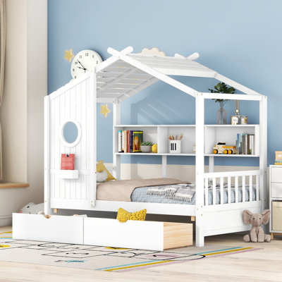 Charming Wooden House Bed With Two Drawers And Storage Shelf, Perfect For Kids' Dreamy Sleeping And Play Spaces