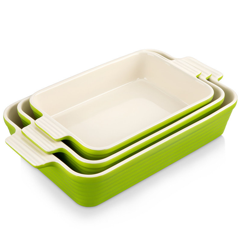 3-Piece Set Of Ceramic Baking Pans,Rectangular Baking Dish Set, Grass green