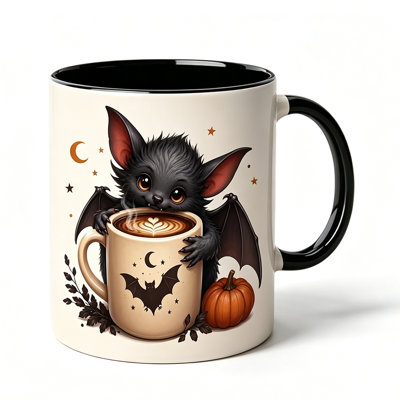 Cute Ceramic Mug with Adorable Black Bat, Pumpkin, Moon & Stars Design - Suitable for Coffee, Tea, Milk Cup, Gift for Coffee Lovers