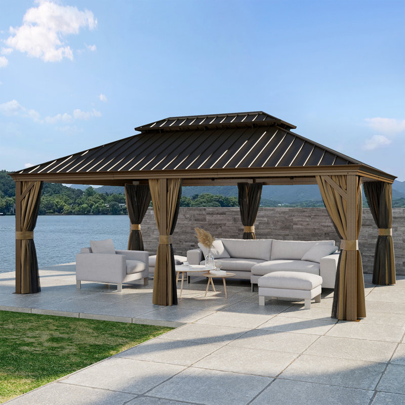 Pavillon de jardin en aluminium à toit rigide avec toit en acier galvanisé à double aération, moustiquaire et rideaux d'intimité pour la cour, le jardin, la terrasse et le bord de la piscine