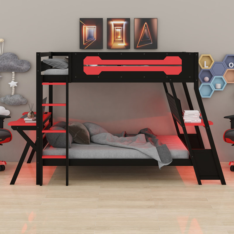 Lit superposé avec deux bureaux de jeu intégrés, ports USB et organisateur de panneau perforé, Lit simple, Rouge