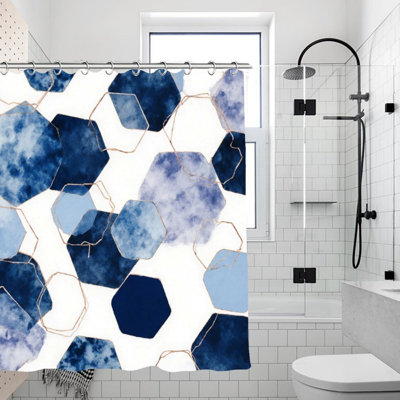 Rideaux de douche hexagonaux bleus à motif géométrique 72 x 72 pouces