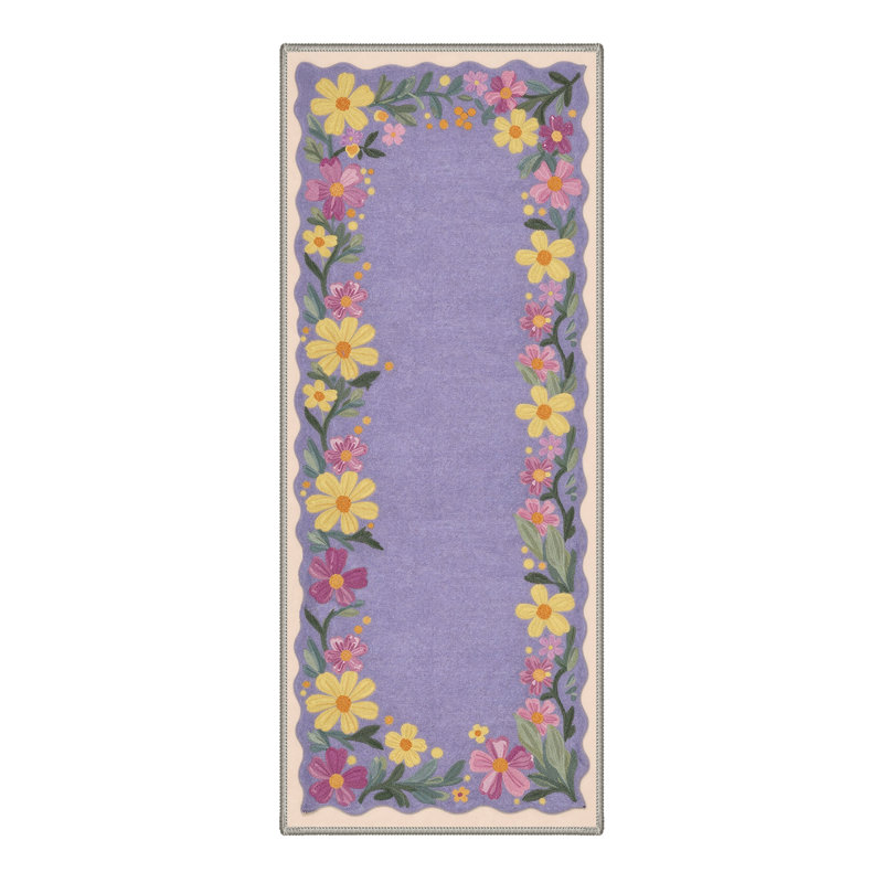 Verdant Inspired Floral Machine Washable Purple / Yellow / Beige Indoor Area Rug with Non-Slip Backing, Purple,Yellow,Beige