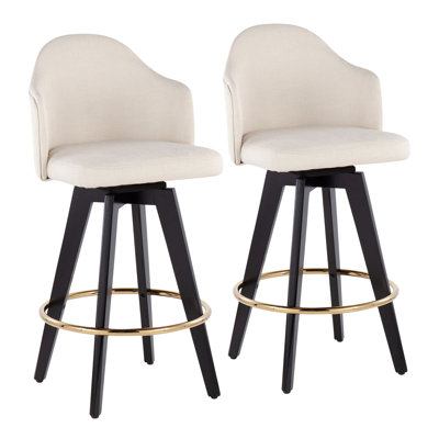 26" Fixed-Height Counter Stool with Black Wood Legs and Round Gold Metal Footrest with Cream Fabric Seat - Set of 2