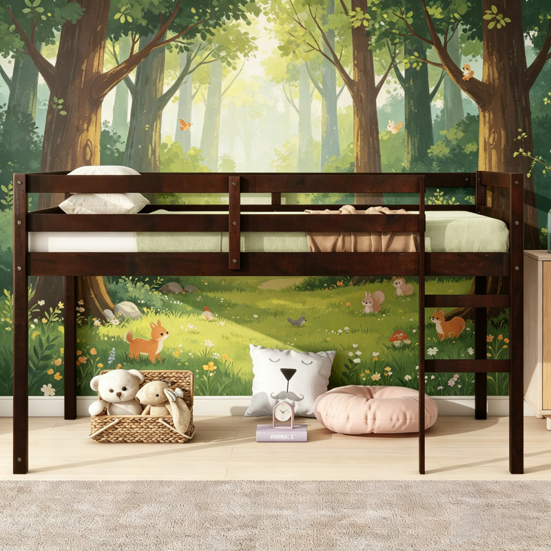 Low Loft Bed Frame, Bed Platform With Safety Guardrails And Ladder, Solid Wood Bed, No Box Spring Needed, Twin And Full, Tan