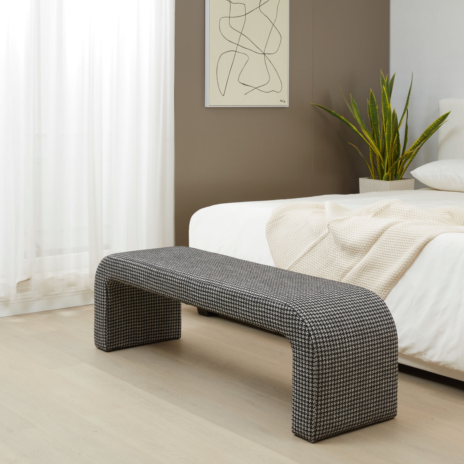 Daine 62" Linen Bedroom Bench, Black/White Houndstooth