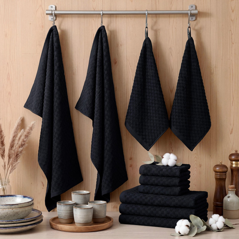 Ensemble de 10 serviettes de cuisine en coton, torchons absorbants pour la cuisine, torchons à tissage gaufré, 2 tailles, noir, 100% coton filé à l'anneau