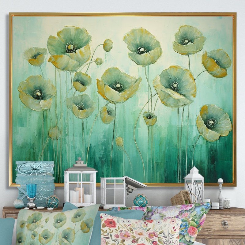 «Jade Joy Whispers Of Poppies I», reproduction sur toile, Cadre flottant doré, H 12 po x l 20 po x P 1 po