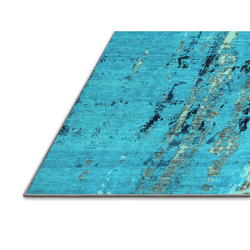 Tapis abstrait en polyester / laine tissé à la machine abstrait bleu sarcelle, Rectangle 5 pi x 7 pi