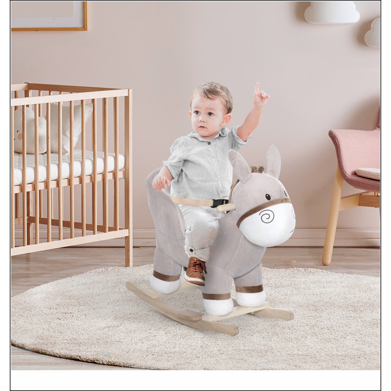 Chaise berçante pour enfants, âne à bascule en peluche avec son, siège à base de bois, ceinture de sécurité, jouet à bascule pour tout-petit de 18 à 36 mois