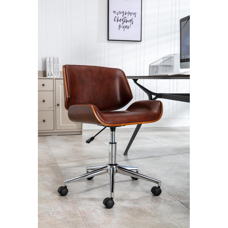 Temme Faux Leather Mid-Century Office Chair, Brown Faux Leather, Chrome