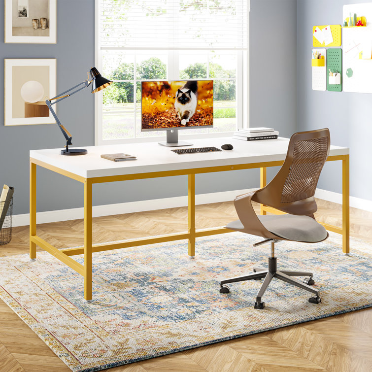 70.9 Modern Office Desk, White Executive Desk with Gold Metal Frame Mercer41