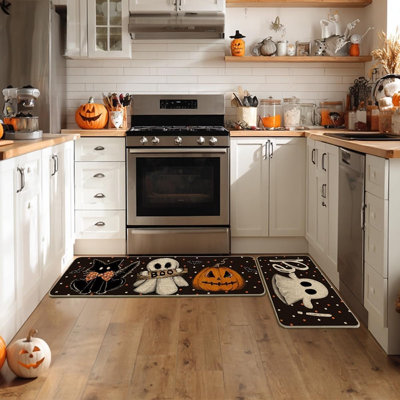 Lot de 2 tapis de cuisine « Chats noirs Boo » pour Halloween, tapis de cuisine effrayants à motifs de chats, tapis de sol antidérapants pour la maison, décoration des fêtes