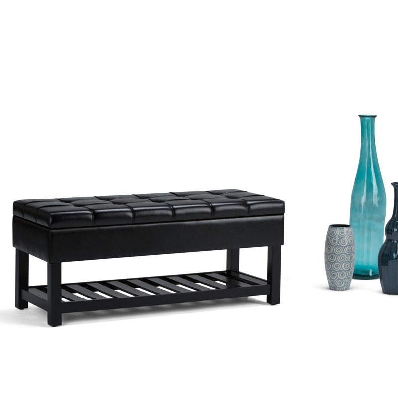 Banc de rangement avec repose-pieds capitonné en cuir végétalien avec tablette relevable et tablette inférieure ouverte