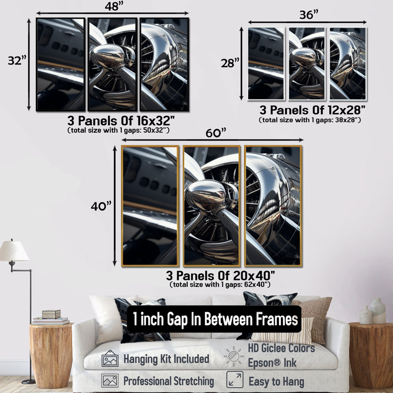 «Silver Wings Chrome Reflection Airliner» - ensemble d'art mural train, Cadre flottant doré, H 28 po x l 36 po x P 1 po
