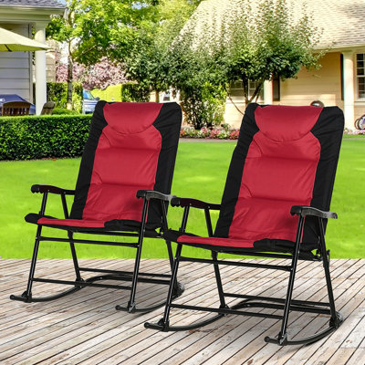 2 Piece Outdoor Patio Furniture Set With 2 Folding Padded Rocking Chairs, Bistro Style For Porch, Camping, Balcony, Red