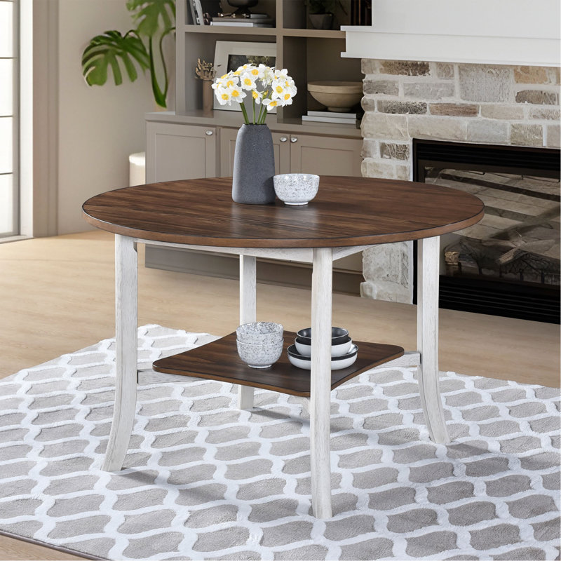 Table de salle à manger ronde, ferme moderne de 45,7 pouces, chêne foncé antique et blanc, tablette de rangement