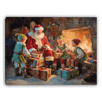 Santa and Elves by the Fireplace Wrapped Canvas Wall Art