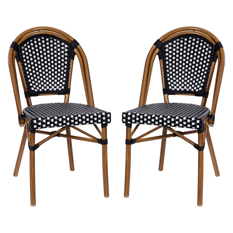 Black and White PE Rattan Armless Bistro Chairs with Bamboo Print Frame, Set of 2