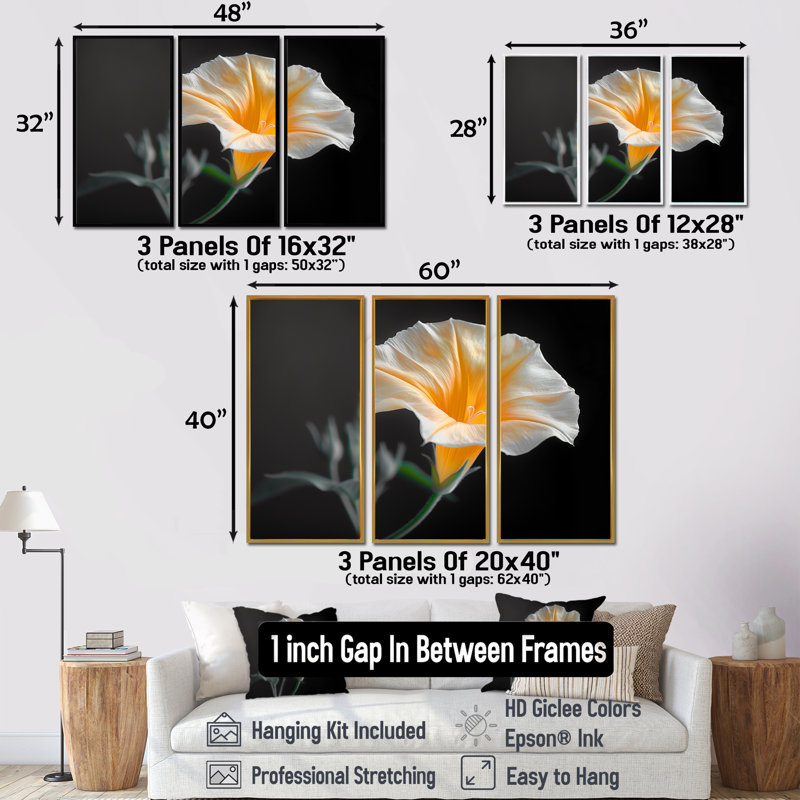 «White Yellow Whimsical Wonders Morning Glory», ensemble de reproductions d'art mural, Toile avec cadre flottant noir