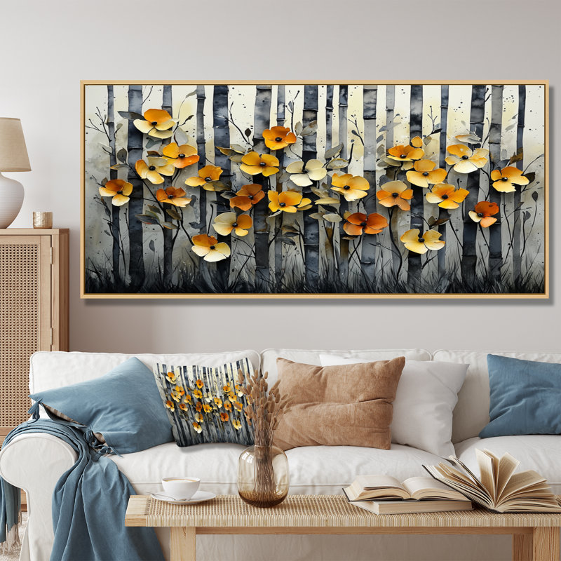 «Geometric Bambo Forest Horizon II», art mural en bambou, H 28 po x l 60 po, Cadre flottant, Crème, crème