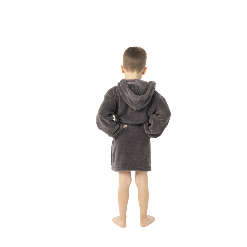 Kids' XL Gray Microfiber Plush Fleece Hooded Bathrobe