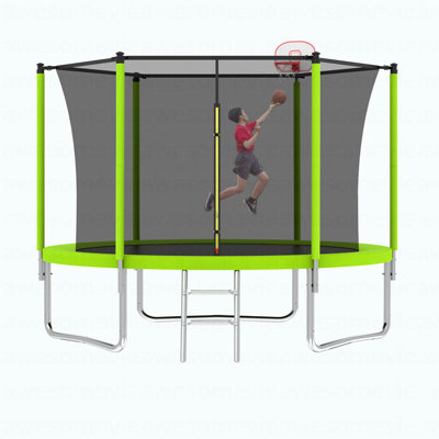 10FT Trampoline For Kids, Basketball Hoop And Ladder, Outdoor Kids Trampoline With Safety Enclosure,Fast Assembly For Backyard Fun,ASTM Approved