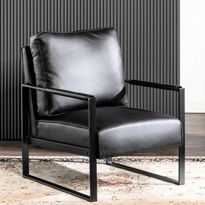 Fauteuil de style Mid-Century, fabrication en métal renforcé, fauteuil en similicuir noir pour le salon, revêtement carré en microfibre tacheté, pièce, chambre à coucher, bureau personnel
