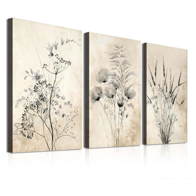 Neutral Farmhouse Floral Triptych Canvas Art Prints Pictures or Entryway, Vintage Botanical Artwork 40x60 cm