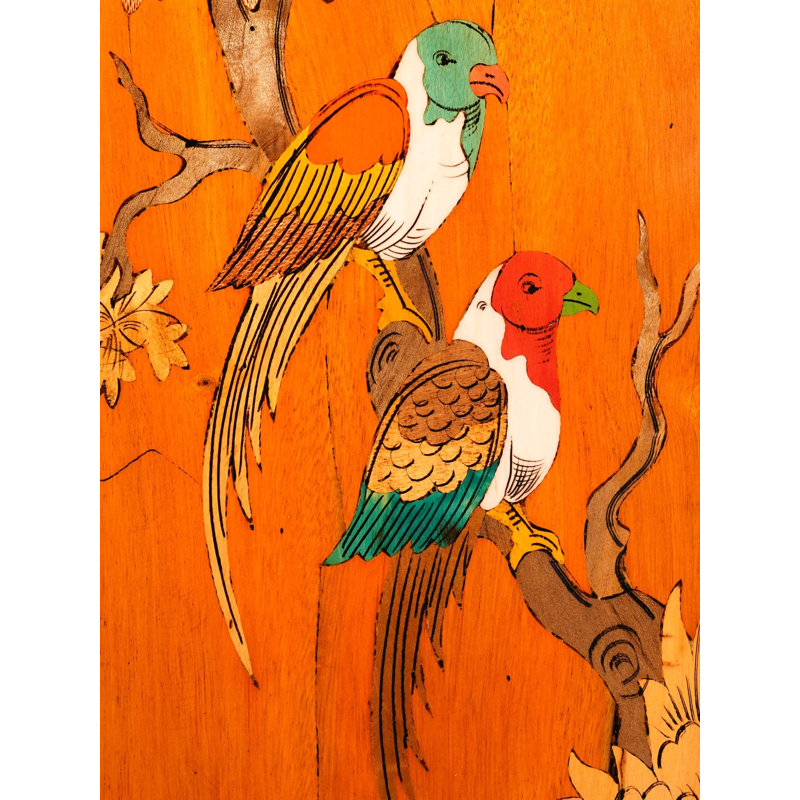 Magnifique paire de perroquets sur branche en bois de rose de couleur naturelle 19 "avec incrustations traditionnelles, art mural indien fabriqué à la main 19"