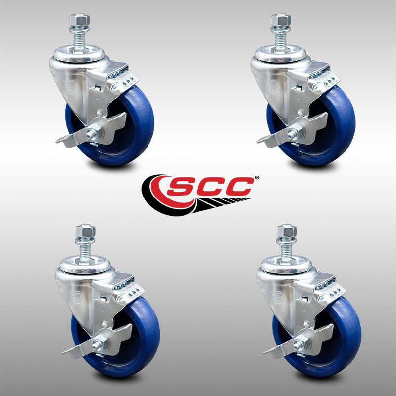 4 Inch SS Solid Polyurethane Wheel Swivel ½ Inch Threaded Stem Caster Set Brake