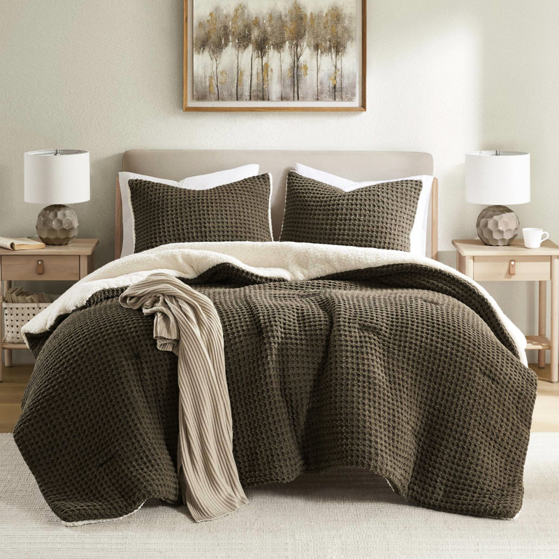 Édredon simple en chenille en tricot gaufré simple avec 2 taies décoratives assorties, rembourrage 100%, lavable à la machine, revers, tissu brun