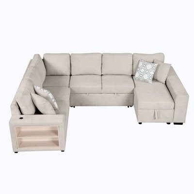 Toko Modern U-shaped Sectional Sofa With Pull Out Bed And Storage Chaise/Shelf & USB Ports by Hokku Designs