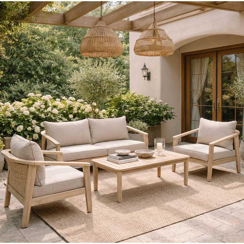 Avalon 4-Person Modern Outdoor Acacia Wood And Wicker  Conversation Set With Cushions