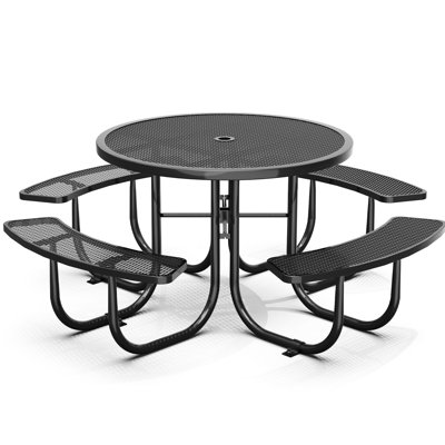 46 po, rond noir, table de pique-nique extérieure, trou de parasol, fabrication en maille d'acier, durabilité à long terme, pieds en tube, support solide et stable, trempage à chaud, thermolaqué, protection, installation,