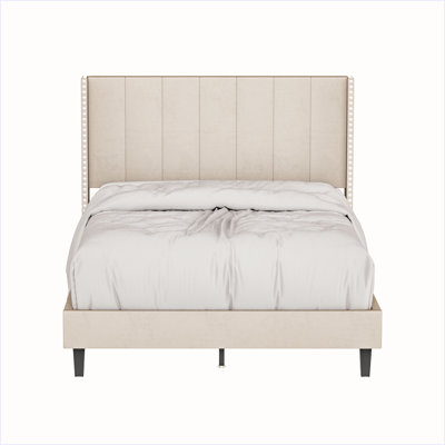 Velvet Upholstered Bed Frame With Vertical Channel Tufted Headboard,Modern Decorative Nailheads
