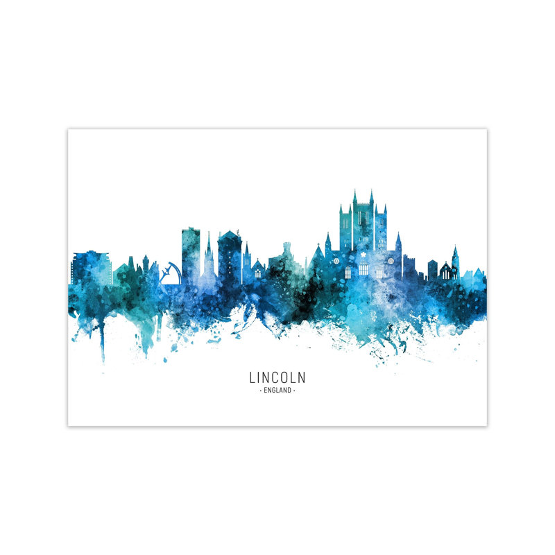 Lincoln England Skyline Blue City Name by Michael Tompsett - Print, Unframed, 21cm H x 30cm W x 1cm D