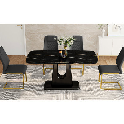 Table et chaise avec pieds en verre marbré, esthétique or noir, idéale pour les fêtes en tant que matériel de présentation ultra moderne, sièges de 4 à 8 personnes, réunions de famille dans le salon