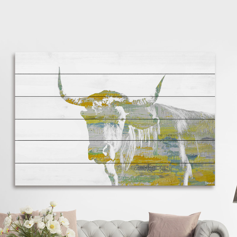 « yellow boeuf » par parvez taj,, reproduction d’art sur bois blanc, H 24 po x l 36 po x P 1,5 po