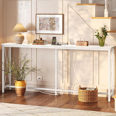 70 Inch Console Table With Outlets And USB-C Port, Extra Long Behind Couch Sofa Table With X-Shaped Design, Narrow For Entryway, Living Room, Metal Frame, Wooden Top, White