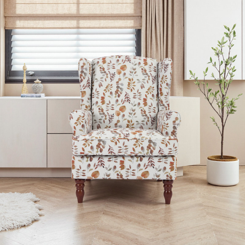 Modern Floral Accent Armchair With Retro Wood Legs - Wingback Upholstered Single Sofa For Living Room Or Bedroom