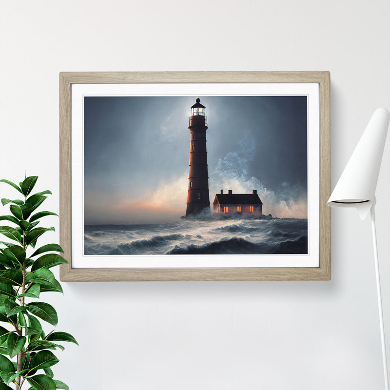 Bright Lighthouse - Single Picture Frame Print, 46cm H x 64cm W x 2cm D, Oak Framed