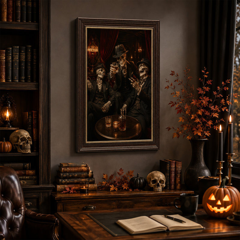 «Three Skeleton Men in Suits Dr buing Whiskey in Halloween», art mural sur toile, H 24 po x l 16 po