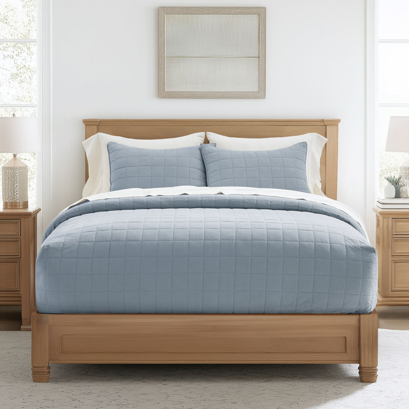 Ensemble de courtepointe 100% coton, Courtepointe pour lit grand + deux taies décorati, Lin bleu